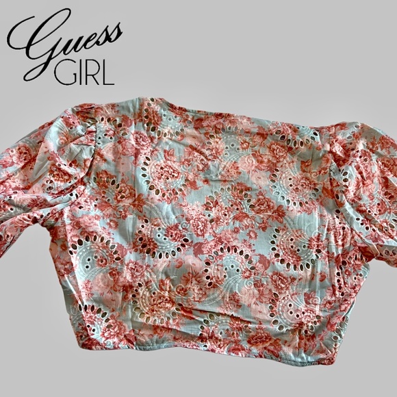 NWT GUESS Silvia Tie-Front Puff Sleeve Embroidered Eyelet Cotton Crop Top/XL - Picture 8 of 16